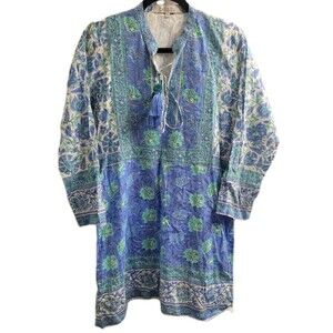 Bella Tu Blue Green Floral Block Print Cotton Tunic Dress Tassel Boho Size Small